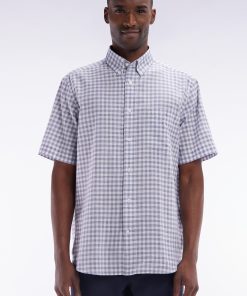 Eden Park Homme Men's Chemise À Manches Courtes En Coton À Carreaux Vichy Marine Coupe Droit