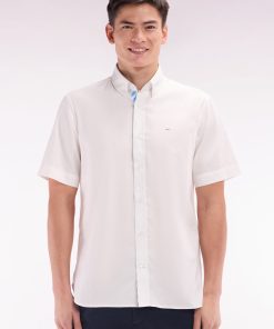 Eden Park Homme Men's Chemise À Manches Courtes En Coton Blanc Broderie Et Patte De Boutonna