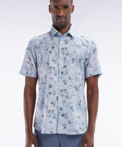 Eden Park Homme Men's Chemise À Manches Courtes En Coton Bleu-gris À Imprimé Floral Coupe Aj