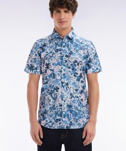 Eden Park Homme Men's Chemise À Manches Courtes En Coton Imprimé Floral Marine Coupe Ajustée