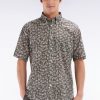 Eden Park Homme Men's Chemise À Manches Courtes En Coton Kaki À Microimprimé Palmiers Coupe