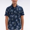 Eden Park Homme Men's Chemise À Manches Courtes En Coton Marine Imprimé Fleurs Coupe Ajustée