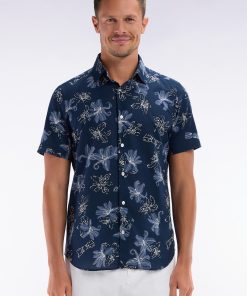 Eden Park Homme Men's Chemise À Manches Courtes En Coton Marine Imprimé Fleurs Coupe Ajustée