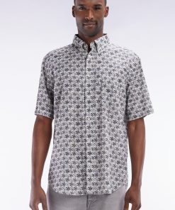 Eden Park Homme Men's Chemise À Manches Courtes En Coton Gris Imprimé Fleurs Graphique Coupe