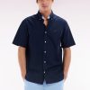 Eden Park Homme Men's Chemise À Manches Courtes En Coton Marine Broderie Dos Ciel Coupe Droi