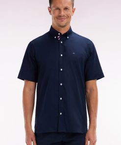 Eden Park Homme Men's Chemise À Manches Courtes En Coton Marine Broderie Et Patte De Boutonn