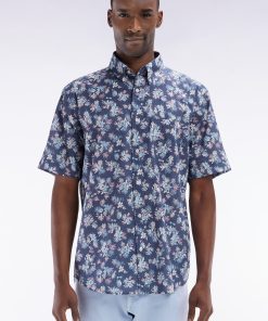 Eden Park Homme Men's Chemise À Manches Courtes En Coton Marine Imprimé Fleurs Coupe Droite
