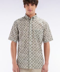 Eden Park Homme Men's Chemise À Manches Courtes En Coton Kaki Imprimé Fleurs Graphique Coupe