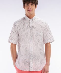 Eden Park Homme Men's Chemise À Manches Courtes En Popeline De Coton Écrue Imprimé Nœud Papi