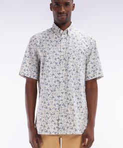 Eden Park Homme Men's Chemise À Manches Courtes En Popeline De Coton Écrue Imprimé Floral Bl