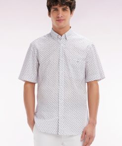 Eden Park Homme Men's Chemise À Manches Courtes En Popeline De Coton Écrue Micromotif Nœud P