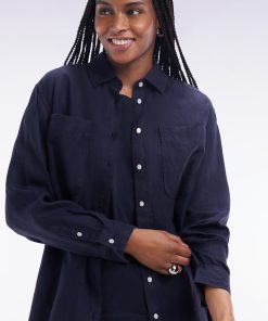 Eden Park Femme Men's Chemise À Poches Plaquées En Lin Marine Coupe Oversized