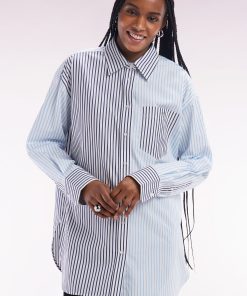 Eden Park Femme Men's Chemise À Patchwork De Rayures En Coton Bleu Coupe Oversized