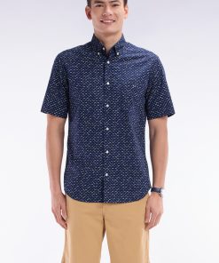 Eden Park Homme Men's Chemise À Manches Courtes En Popeline De Coton Gris Foncé Imprimé Nœud