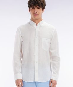 Eden Park Homme Men's Chemise En Lin Blanc Unie Coupe Droite