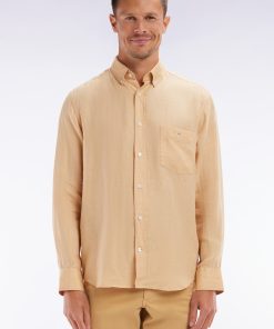 Eden Park Homme Men's Chemise En Lin Camel Unie Coupe Droite