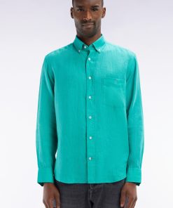 Eden Park Homme Men's Chemise En Lin Vert Unie Coupe Droite