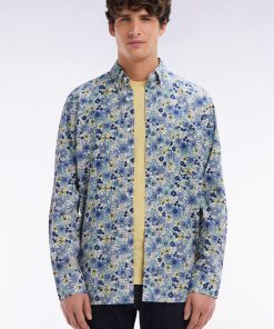 Eden Park Homme Men's Chemise En Popeline De Coton Grise Imprimé Floral Coupe Droite