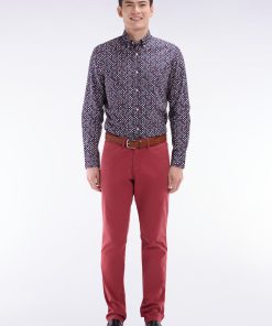 Eden Park Homme Men's Chemise En Popeline De Coton Marine À Microimprimé Rouge Coupe Droite