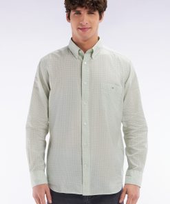 Eden Park Homme Men's Chemise En Popeline De Coton À Microcarreaux Vichy Verts Coupe Droite