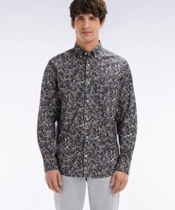 Eden Park Homme Men's Chemise En Popeline De Coton Pima À Micro Imprimé Kaki Coupe Droite