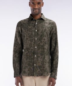 Eden Park Homme Men's Chemise Imprimée En Lin Kaki Coupe Ajustée