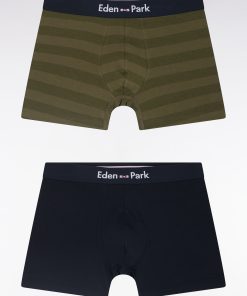 Eden Park Homme Men's Lot De Deux Boxers En Jersey De Coton Stretch Marine Et Cerclé Kaki