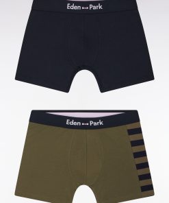 Eden Park Homme Men's Lot De Deux Boxers En Jersey De Coton Stretch Marine Et Kaki Détails C