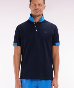 Eden Park Homme Men's Polo À Manches Courtes En Coton Marine Détails Colorés Coupe Décontrac