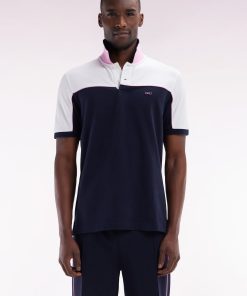 Eden Park Homme Men's Polo À Manches Courtes En Coton Marine Colorblock Coupe Droite