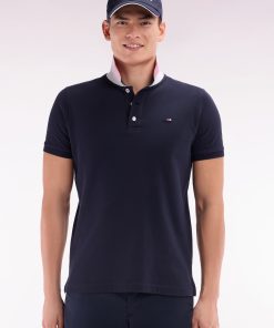 Homme Men's Polo À Manches Courtes En Coton Marine Col Bicolore Jacquard Eden Park
