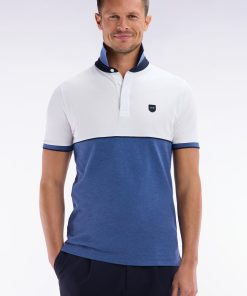 Eden Park Homme Men's Polo À Manches Courtes En Coton Stretch Bicolore Bleu Coupe Ajustée