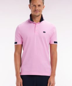 Eden Park Homme Men's Polo À Manches Courtes En Coton Rose Bords-côtes Bicolores Coupe Droit
