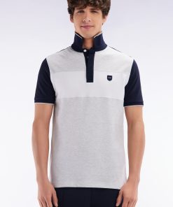 Eden Park Homme Men's Polo À Manches Courtes En Coton Stretch Gris Bande Contrastée Coupe Aj