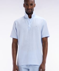 Eden Park Homme Men's Polo À Manches Courtes En Coton Et Lin Bleu-gris Coupe Droite