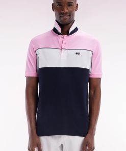 Eden Park Homme Men's Polo À Manches Courtes En Coton Tricolore Rose Dessous De Col Rayé Cou