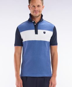 Eden Park Homme Men's Polo À Manches Courtes En Coton Stretch Bleu Bande Contrastée Coupe Aj