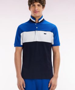 Eden Park Homme Men's Polo À Manches Courtes En Coton Tricolore Bleu Dessous De Col Rayé Cou