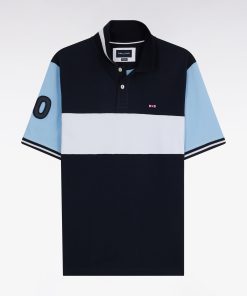 Eden Park Homme Men's Polo À Manches Courtes En Piqué Coton Marine Bande Contrastée Coupe Dé