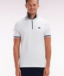Eden Park Homme Men's Polo À Manches Courtes En Coton Stretch Blanc Col Zippé Coupe Ajustée