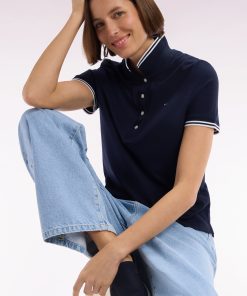 Eden Park Femme Men's Polo À Manches Courtes En Piqué De Coton Pima Marine Détails Rayés Cou