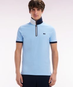 Eden Park Homme Men's Polo Zippé À Manches Courtes En Coton Stretch Ciel Coupe Ajustée