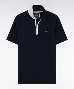 Eden Park Homme Men's Polo Zippé À Manches Courtes En Coton Stretch Marine Coupe Ajustée