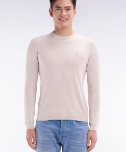Eden Park Homme Men's Pull Col Rond En Coton Et Soie Mélangés Beige Coupe Droite