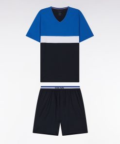 Eden Park Homme Men's Pyjama Court En Jersey De Coton Marine Bleu Et Blanc Short À Détails R