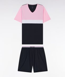 Eden Park Homme Men's Pyjama Court En Jersey De Coton Marine Rose Et Blanc Short À Détails R