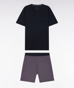 Eden Park Homme Men's Pyjama Court En Jersey De Coton Marine Et Bordeaux Short À Micromotifs