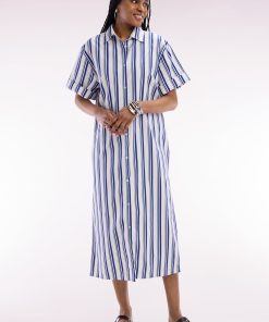 Eden Park Femme Men's Robe Chemise Rayée En Coton Marine Et Blanc Coupe Décontractée