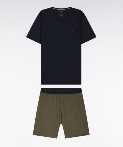 Eden Park Homme Men's Pyjama Court En Jersey De Coton Kaki Short À Micromotifs