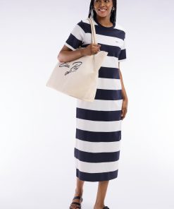 Eden Park Femme Men's Robe T-shirt Cerclé En Coton Pima Marine Et Blanc Coupe Droite